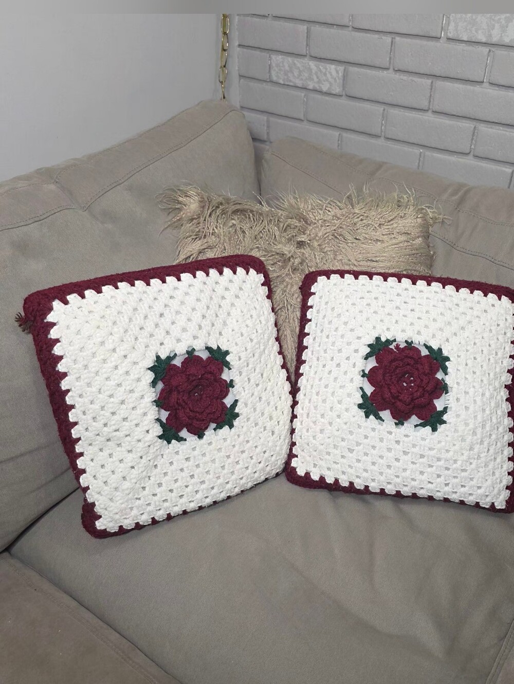 Vintage Set Of 2 Granny Square Crochet Pillows 3D Flower 14 X 14 Inch Handmade